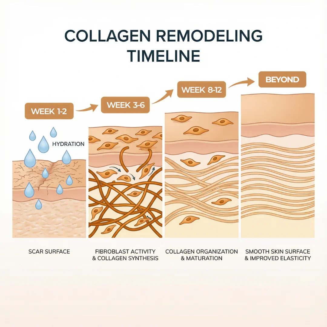 Collagen remodeling timeline chart showing skin healing stages from scar surface to smooth, elastic skin for Pluune.