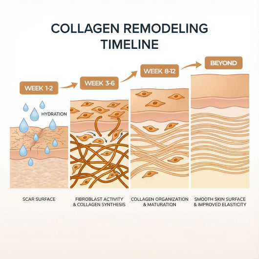 Collagen remodeling timeline chart showing skin healing stages from scar surface to smooth, elastic skin for Pluune.