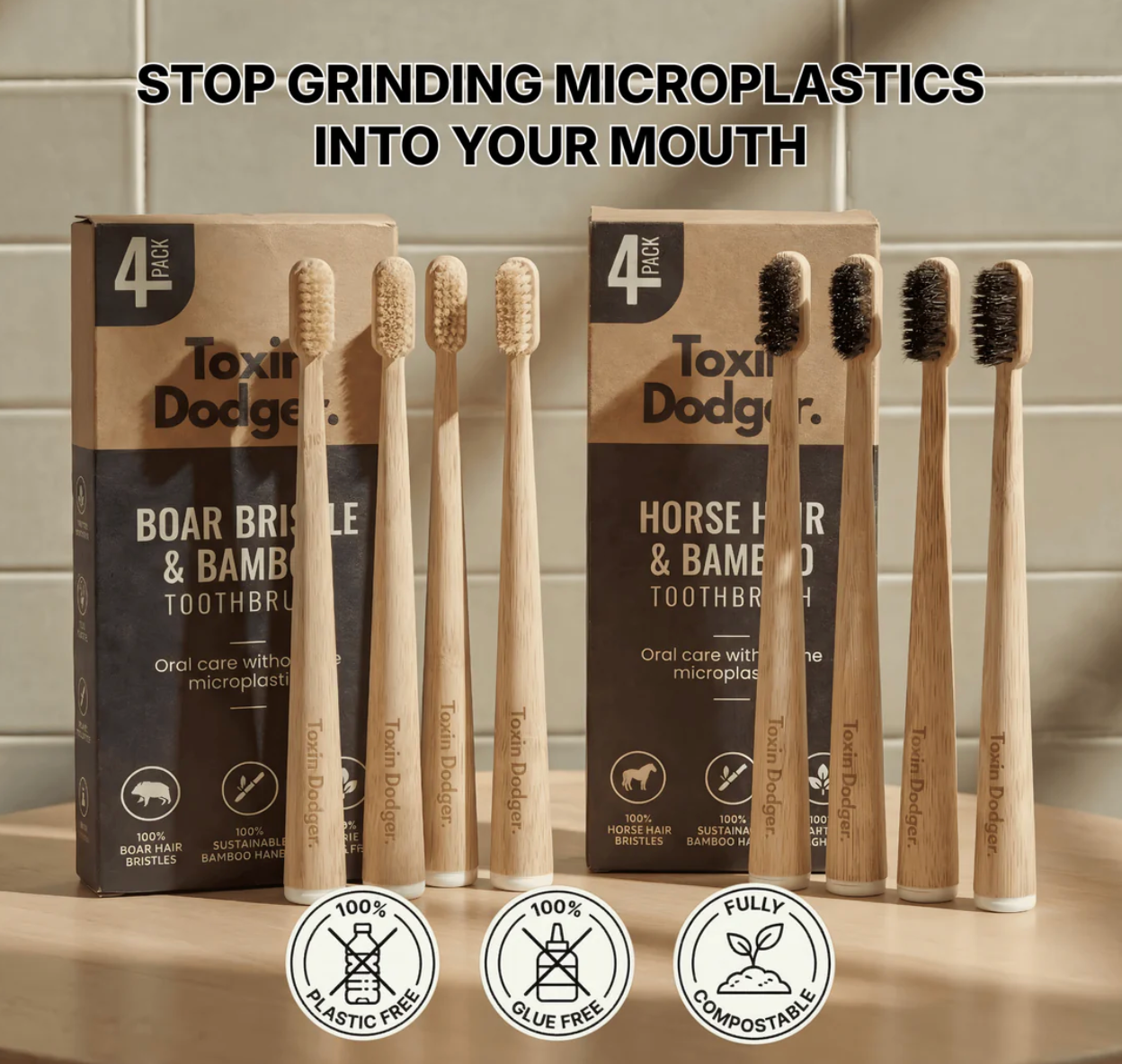 TOXIN DODGER Boar or Horse Bristle Toothbrush (4 Pack)