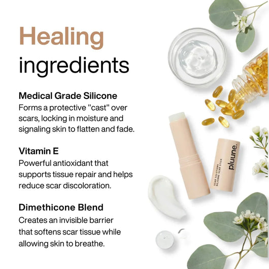 Pluune scar care stick with healing ingredients like silicone, vitamin E, and dimethicone blend.